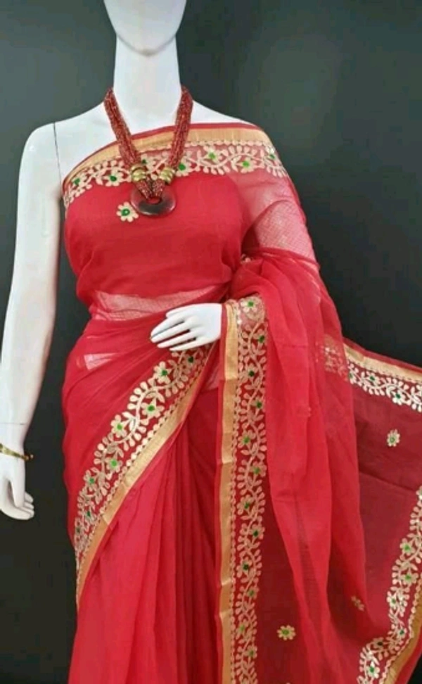 Rajastnai Orange Kota Doriya Cotton Lace Border Light Weigh twomen's Saree With Separate Blouse Piece - Red, Free Size, Cotton, Pack of1